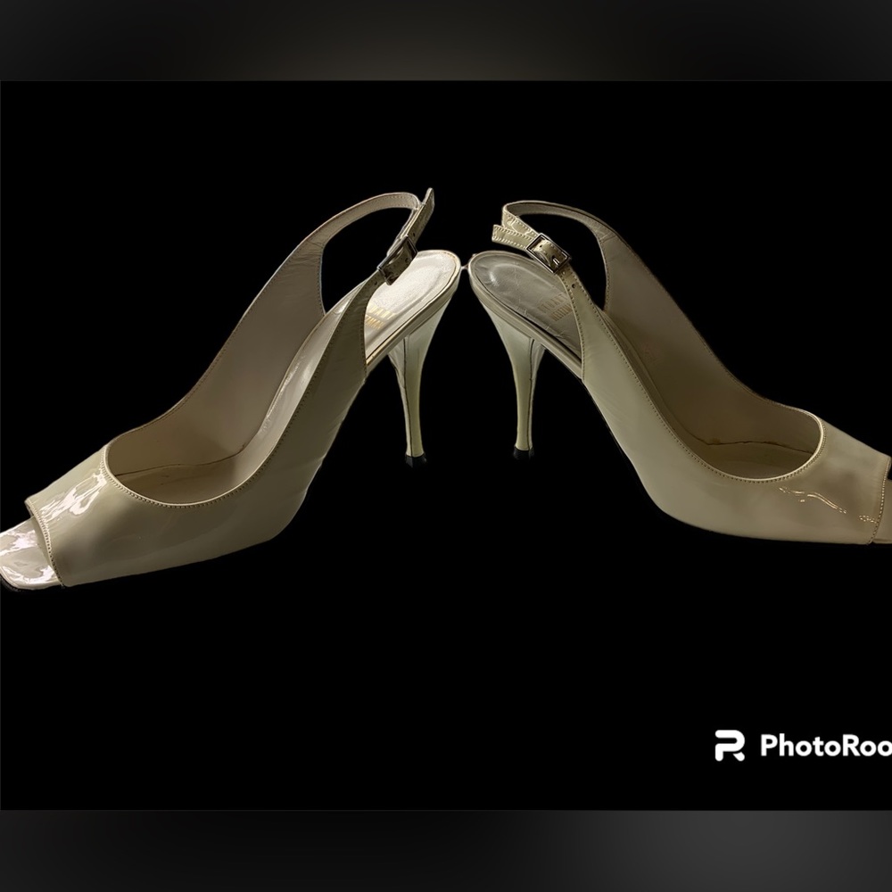 Vintage Stuart Weitzman Peep Toe Cream Patent Sling Backs Size 8
